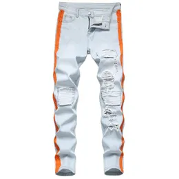 Leichte Farbe Mode Neue Biker Jeans Herren-Lochloch Patch Hose Frühling Sommer Personalisiert Schlanker Fit Denimhose Größe 29-42 Pantalone