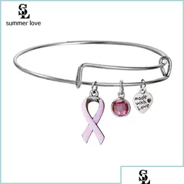 Bangle Bangle Breast Cancer Pink Ribbon Crystal Charm Wire Bangles Bracelet Hand Made With Love Bracelets Adjustable Jewelry Gift Bd Otqm8