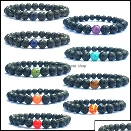 チャームブレスレット8mm Agate Chakras Black Lava Stone Beads Elastic Essential Oil Diffuser Bracelet Volcanic R Oty23
