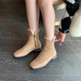 Stiefel Flock Frauen Schnee Ankle Booties Runde Kappe Flache Low Heels Seite Zipper Pelz Innen Mode 2022 Winter Kurze warme