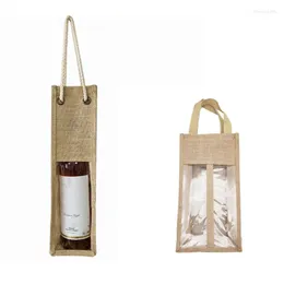 Shopping Bags Jute Wine Carrier Reusable Burlap Tote Clear Window With Handles Gift Bag Travel Storage Organizer For Wedding Holiday