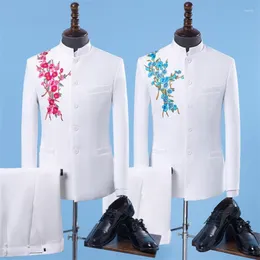 Ternos masculinos Blazers de túnica chinesa Men traje com calças Chegada de casamento Vestido formal esbelto estilo ternão masculino completo white