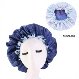 Accessori per capelli Solid Women Satin Big Bonnet For Lady Sleep Cap Headwrap Hat Accessori per avvolgere i capelli con bottone regolabile 10Pcs Dro Dhyg0