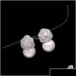 Stud Lovely Diamond Zircon Camillia Camillia Çiçek İnci Küpeler Kadın Kızlar Süper Parıltılı İns Moda Lüks Tasarımcı 925 Sier Post OTBGK