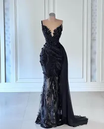 Black Sexy mermaid Prom Dresses V Neck Lace Appliques Sequins Evening Dresses Spaghetti Straps Beaded Hollow Floor Length