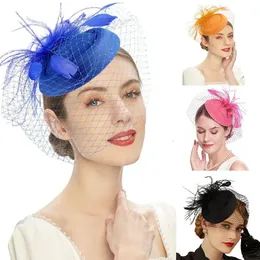 Copricapo da donna fascinator per matrimonio, tea party, cappello a bombetta, cappello da corsa Ascot, piuma, fiore, fascinator con fascia per capelli, accessori per capelli da sposa, Beige, Taglia