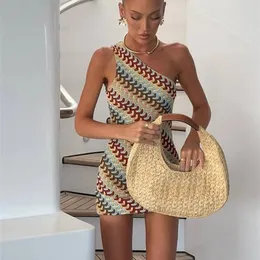 Düzensiz baskılı örme mini elbise kadınlar için şık arka eğimli omuz ince fit elbiseler 2025 Yaz Tatil Plajı Robes 250614bj