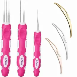 WILLBOND Set di 4 ganci Dreadlock, 2 pezzi di gancio Dreadlock manico in bambù (0,5 mm e 0,75 mm) e 2 pezzi di strumento di bloccaggio per capelli per treccia artigianale
