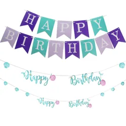 Mermaid Glitter Happy Birthday Banner | Under The Sea Party Decorations With 15 Panels & Ribbon