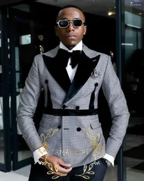 花groomsmenタキシードネイビーチェック二重胸肉スーツ：メンズ