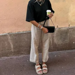 FeMereina Pantaloni da donna con stampa scozzese elastico in vita gamba larga pantaloni da salotto Y2k con stampa a quadretti con orlo a volant pantaloni larghi, Nero , M
