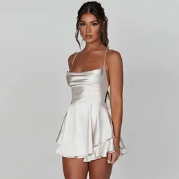 Yaz seksi düz renk sırtsız kısa elbise - haçlı kayışlar saten etek 250825
