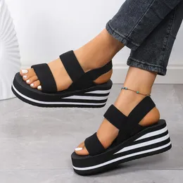 Fashion Striped Woman Wedges Slippers Summer Fish Mouth Wedge Heel - Main Image