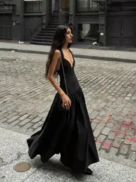 Wrinkled V-neck Sleeveless Suspender Black Dresses Casual Backless Slim Fit Womens Long Dress Summer Street Beach Dresses 250312