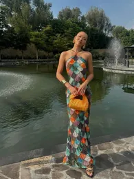 Womens sexy sleeveless backless colorful printed camisole dress with elegant splicing ultra-thin fishtail skirt fashionable vacation vest 250312