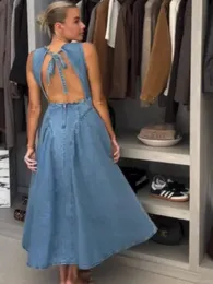 Puff Sleeve Denim Dress H&m Chic Backless Lace-Up High Waisted Sleeveless  Denim Midi Dress For