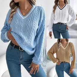 Women's Sweaters V Neck Cable Knit Sweater Color Block Long Sleeve Loose Casual Knitted Pullover Jumper