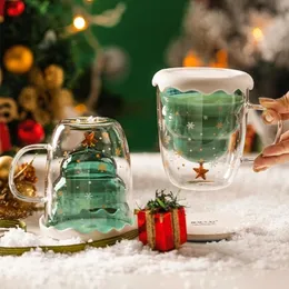 ecooe Tazza Albero di Natale Doppia Parete 270ml da Caffè Cappuccino Latte Macchiato con Manico Cucchiaio Bicchiere Vetro Borosilicato Trasparente, Colino da tè dell'albero di Natale per Tè, Latte
