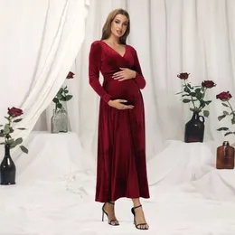 Velvet Maternity Maxi Dress – Long Sleeve, Round Neck, Side Slit, Elegant & Comfortable - View #8