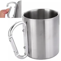 XRPRPX 2 Pezzi Tazzine da Caffè in Acciaio Inox 300ml Bicchieri Metallo Campeggio a Doppio Isolamento Tazza in Acciaio inox con Manico per Picnic, Escursioni, Spiaggia, Picnic (Argento
