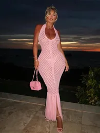 Kablolu Puss sırtsız yular elbise kadınlar seksi yaz derin v yakalı püskül katı patchwork ince gece yarısı parti kulübü vestidos 250403
