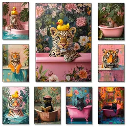 Baby Tiger With Toilet Paper Canvas Wall Art - Black White Bathroom Nursery Decor 12x18 Inch