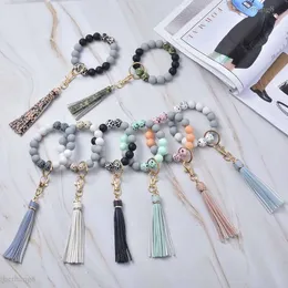 Bracciale Portachiavi Con Perline Silicone E Nappa In Pelle - Argento Con Strass Per Donna - 4