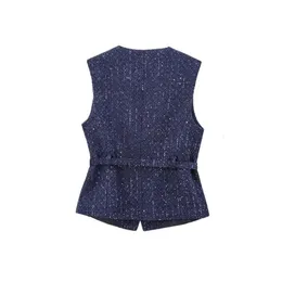 Trza Womens Tweed Waistcoat With Belt, O Neck, Sleeveless
