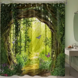 Tenda Doccia Floreale Ad Acquerello Con Foglie Verdi - Tessuto Impermeabile 180x180 Cm, Con 12 Ganci, Decorazione Bagno