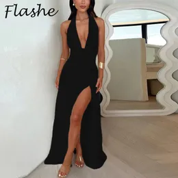 Sexy Deep V Neck Halter Long Dress Women Sleeveless Backless High Split Up Maxi Dresses For Women Party Dress Black Whtie 250619