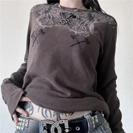 Y2K Grunge Emo Long Sleeve Tee: Cyber Goth Patchwork Top, Vintage