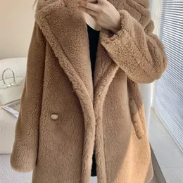 Womens Hooded Alpaca Teddy Bear Coat Warm Plush Long Wool Winter