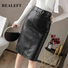 REALEFT Autumn Winter Black PU Leather Elegant Pencil Midi Skirts Pockets  High Waist Back Split Sheath Wrap Skirts with Belt 210730w