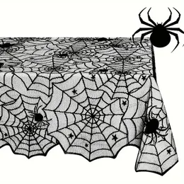 Tovaglia Halloween Ragnatela Nera Con Ragni E Teschi - Decorazione Da Tavolo Gotica 152x213 Cm