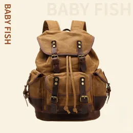 Mens Canvas Backpack Vintage Oil Wax Leather Bag, Casual Trendy
