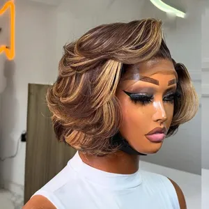Honey Blonde Highlight Straight Glueless Human Hair Wig, 13x6 HD Lace, Preplucked Blunt Layered Bob Cut, Bouncy Colored