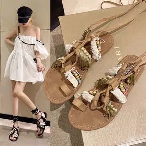 ATBELL Women's Bohemian Tassel Gladiator Sandals Beige Suede Thong Flip Flops For Fringe Summer Wedge Heel Sandal With Rivets Western Shoes