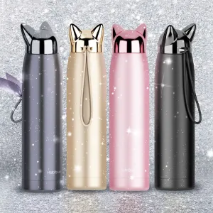 Tools New Double Wall Thermos Water Bottle Stainless Steel Vacuum Flasks Cute Cat Fox Ear Thermal Coffee Tea Milk Travel Mug