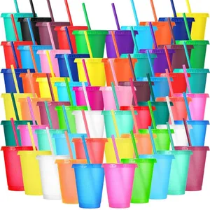 Straws and Lids Kids Tumbler with Straw Reusable Water Bottle Iced Coffee Travel Mug Cup Adults Plastic Cups for Parties Birthdays 16 Oz (cool Colors, 100 Pack)