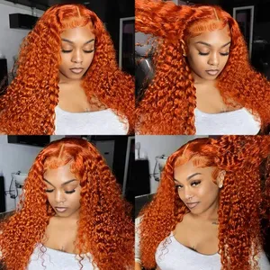 13x6 Transparent Ginger Orange Deep Wave Lace Front Human Hair Wigs Remy 180% Colored Curly 13x4 Lace Frontal Wigs For W