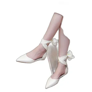 Casual Shoes 2024 Spring And Autumn Back Ankle Strap Pointed Ribbon Leather White Hollow Banquet Flattie Ball Women's