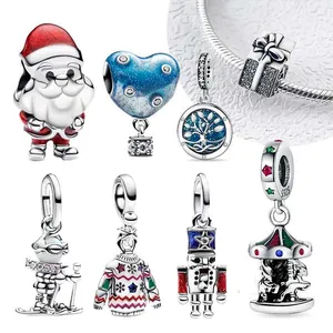 GNOCE Sterling Silver Santa Claus Charm - Merry Christmas Charm With Cubic Zirconia For Bracelet/Necklace (Silver)