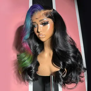 Highlight Blue Pink Green Body Wave Lace Frontal Wig for Women - 40-Inch Pre-Plucked Transparent Lace Front Synthetic Hu