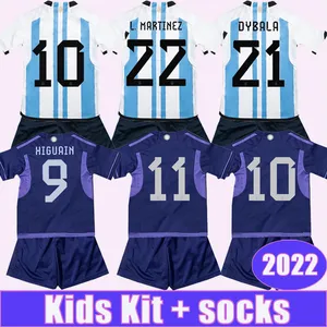 22 23 Argentina Higuain Kit Kit Soccer Jerseys Equipo nacional Dybala L.Martinez de Paul Home Away Football Shirts Traje de niños Uniformes