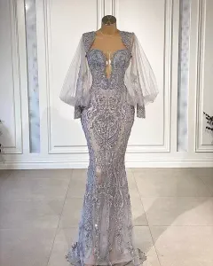 2023 Luxury Mermaid Lace Evening Dresses Beaded Long Sleeve Prom Dress Appliqued Formal Party Gowns Pageant Wear Custom Made