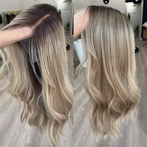 13x6 Glueless HD Lace Front Wig - 14 in Wavy Synthetic Hair Blend, Pre-Plucked Medium Brown Blonde Balayage, 180% Densit