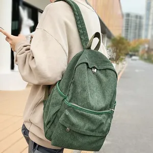 Casual Corduroy Backpack - Large Capacity Daypack, Laptop Compartment, 28x13x39cm, Dark Green