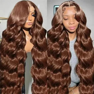 Brand Chocolate Brown 13x6 Lace Front Human Hair Wigs - Colored Body Wave, 200% Density, Transparent HD 13x4 Lace Fronta