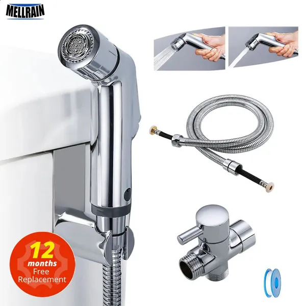 Two function toilet hand bidet faucet bathroom bidet shower sprayer brass T adapter 1.2m hose tank hooked holder easy install 240816