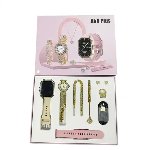 2024 New Design Couple Smart Watch 8 in 1 Ladies Gold Watch Combination Gift Box Fitness Tracker NFC Women Men Smartwatch A58 Plus